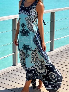 Mt Collections Sleeveless Dress Teal Multicolor Handkerchief Hem Sz L NWT
